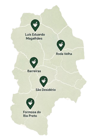 Mapa da região Oeste da Bahia atendida pela A Botica